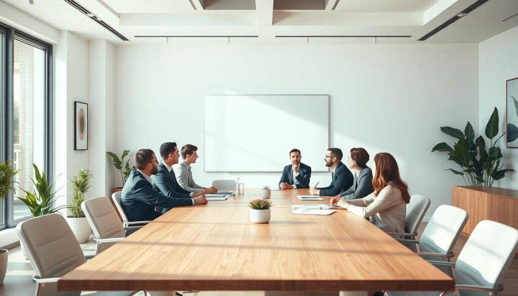 A strategic planning meeting room with a large wooden table, modern chairs, and a sleek whiteboard on the wall. Soft, natural lighting filters in through floor-to-ceiling windows, creating a calm and professional atmosphere. The room is adorned with minimalist decor, such as potted plants and abstract artwork, reflecting a contemporary, thoughtful approach to business management. In the foreground, a group of businesspeople are engaged in a lively discussion, their faces expressing focus and determination as they collaborate on important decisions. The overall scene conveys a sense of efficiency, innovation, and a commitment to strategic growth.