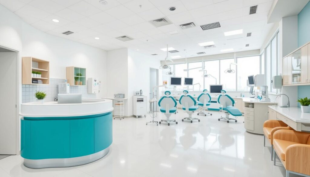 A streamlined and efficient dental clinic, with a receptionist desk and patient waiting area in the foreground. In the middle ground, dental chairs and equipment are neatly organized, showcasing the clinic's attention to detail and workflow optimization. The background features a bright, modern interior design with clean lines, natural lighting, and calming color schemes. The overall atmosphere conveys a sense of professionalism, comfort, and seamless patient experience. Capture this scene with a wide-angle lens, emphasizing the harmonious integration of various clinic elements for optimal daily operations.