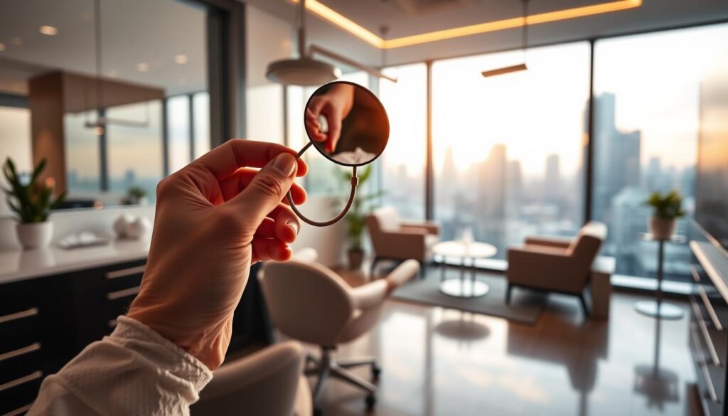 A stylish dental clinic with a modern, professional atmosphere. In the foreground, a dentist's hand holding a dental mirror, examining a patient's teeth. In the middle ground, the clinic's reception area with sleek furniture and minimalist decor. The background features a large window overlooking a bustling city skyline, bathed in warm, natural lighting. The overall scene conveys a sense of trust, expertise, and attention to detail - the hallmarks of effective dental marketing.