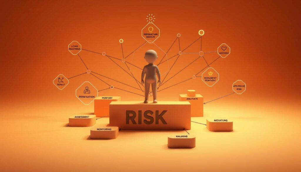 A stylized 3D rendering of a risk management concept, featuring a central human figure surrounded by a dynamic network of interconnected geometric shapes and lines, representing the various elements of risk identification, assessment, mitigation, and monitoring. The scene is bathed in a warm, muted color palette, with subtle lighting that casts dramatic shadows, emphasizing the thoughtful, analytical nature of the subject matter. The overall composition conveys a sense of balance, control, and strategic foresight, capturing the essence of effective risk management practices.