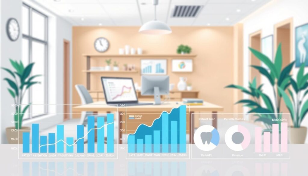 A stylized illustration depicting performance indicators for a dental clinic. In the foreground, a series of data visualizations such as bar graphs, line charts, and pie charts showcase key metrics like patient retention, treatment plan conversion, and revenue growth. The middle ground features a desk with a laptop, clipboard, and other office tools, conveying the analytical process behind the metrics. The background depicts a modern, well-lit dental office interior with clean lines, natural materials, and a sense of professionalism. The overall scene should feel organized, data-driven, and aligned with the high-quality standards of an ideal dental practice.