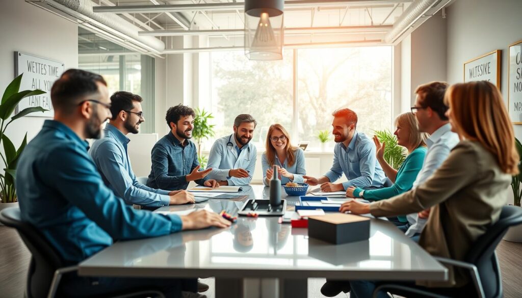 A sunny, modern office interior with a diverse team of dental professionals engaged in collaborative discussion. In the foreground, a group of colleagues brainstorming around a sleek conference table, gesticulating animatedly. Mid-ground features a team-building activity, such as a game or shared task, fostering camaraderie. The background showcases an open-concept layout with natural light flooding in, office plants, and motivational wall decor. Emphasis on positive body language, eye contact, and a sense of shared purpose. Crisp, high-resolution photography with a shallow depth of field, conveying a professional, motivating atmosphere for a dental clinic team.