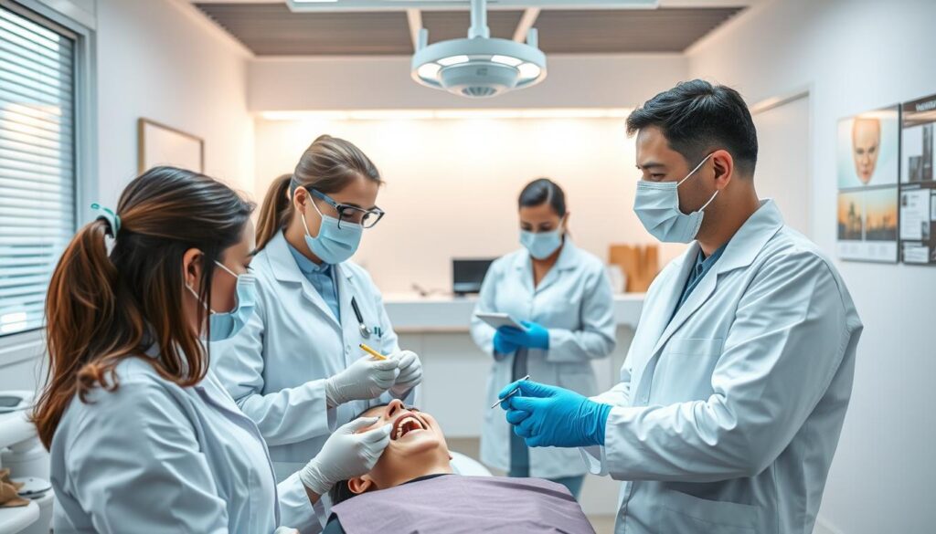 A team of dental healthcare professionals, dressed in clean white coats and sterile surgical masks, standing together in a well-lit dental clinic. In the foreground, a female dentist and a dental hygienist are examining a patient's teeth, using modern dental tools and equipment. In the middle ground, a dental assistant is preparing materials for a procedure, while in the background, a receptionist is greeting patients at the reception desk. The clinic exudes an atmosphere of professionalism, cleanliness, and a dedication to providing top-quality oral healthcare.