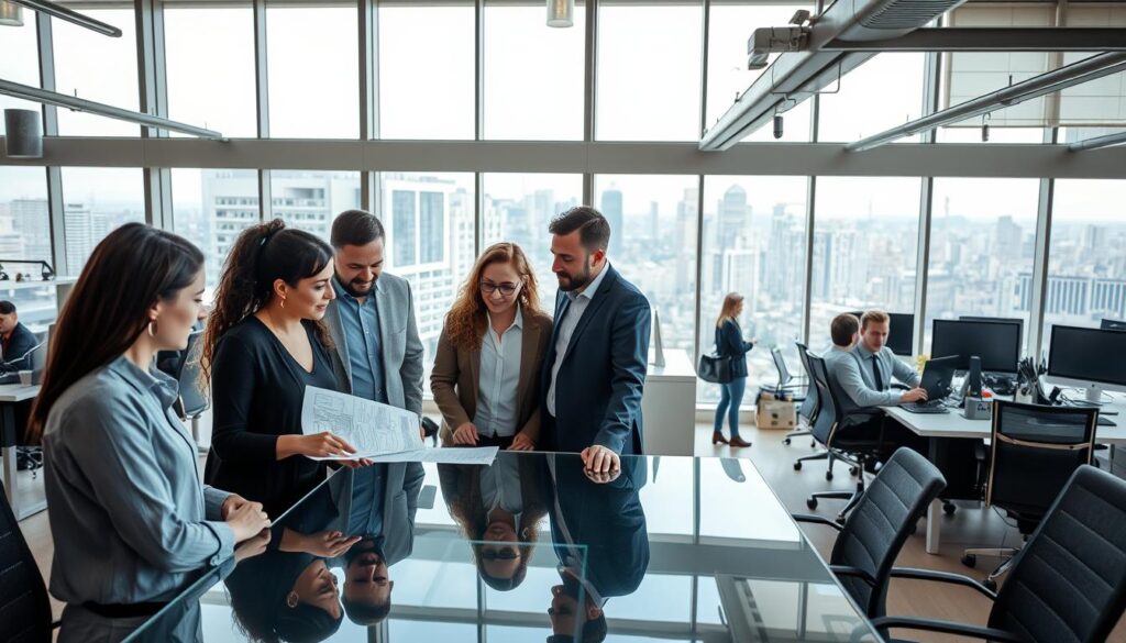 A team of diverse professionals collaborating in a modern, well-lit office space. In the foreground, a group of coworkers discussing project plans around a glass conference table, their expressions focused and engaged. The middle ground features an open layout with ergonomic workstations and employees immersed in their tasks, surrounded by sleek, minimalist decor. In the background, floor-to-ceiling windows offer a panoramic view of a bustling cityscape, conveying a sense of energy and progress. The overall scene evokes a dynamic, productive work environment conducive to effective team management and professional development.