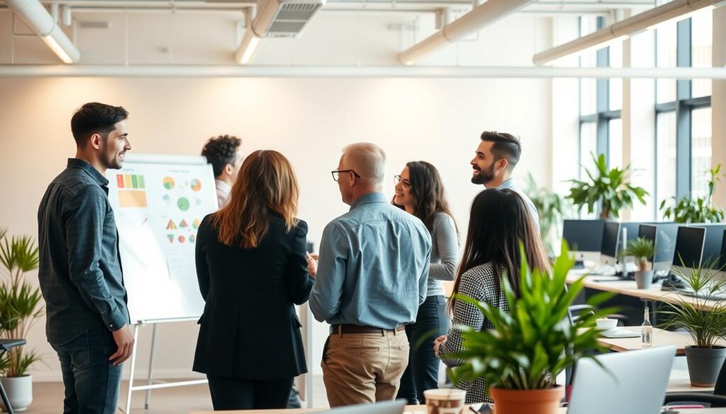 A team of diverse professionals collaborating in a well-lit, modern office space. In the foreground, colleagues engaged in a lively discussion, their body language conveying camaraderie and shared purpose. The middle ground features a whiteboard with colorful diagrams and notes, hinting at their strategic planning. In the background, ergonomic workstations and potted plants create a balanced, productive atmosphere. Warm, directional lighting casts a soft glow, emphasizing the team's focused, yet relaxed demeanor. The overall scene captures the essence of effective team management - a harmonious blend of expertise, communication, and a shared vision for success.