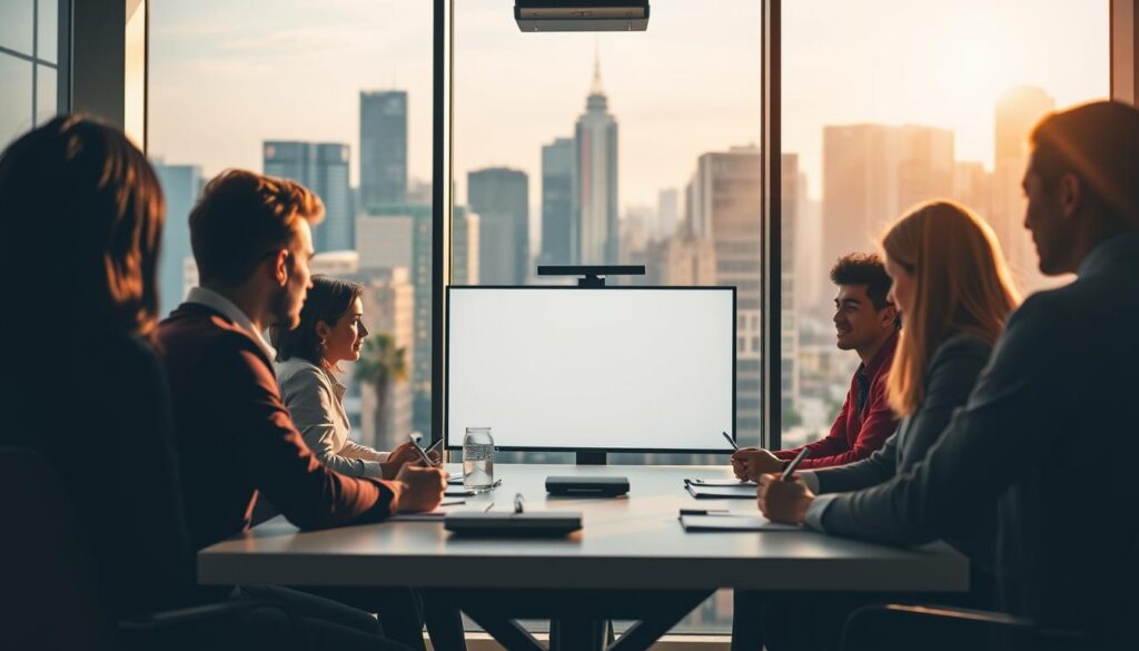 A team of diverse professionals engaged in a lively workshop, illuminated by warm, natural lighting. In the foreground, colleagues collaborate at a modern, minimalist table, exchanging ideas and taking notes. The middle ground features a presentation screen with a simple, intuitive interface, capturing their undivided attention. In the background, floor-to-ceiling windows offer a scenic view of a vibrant city skyline, evoking a sense of progress and possibility. The overall atmosphere is one of focused productivity, professional growth, and a shared commitment to development and success.