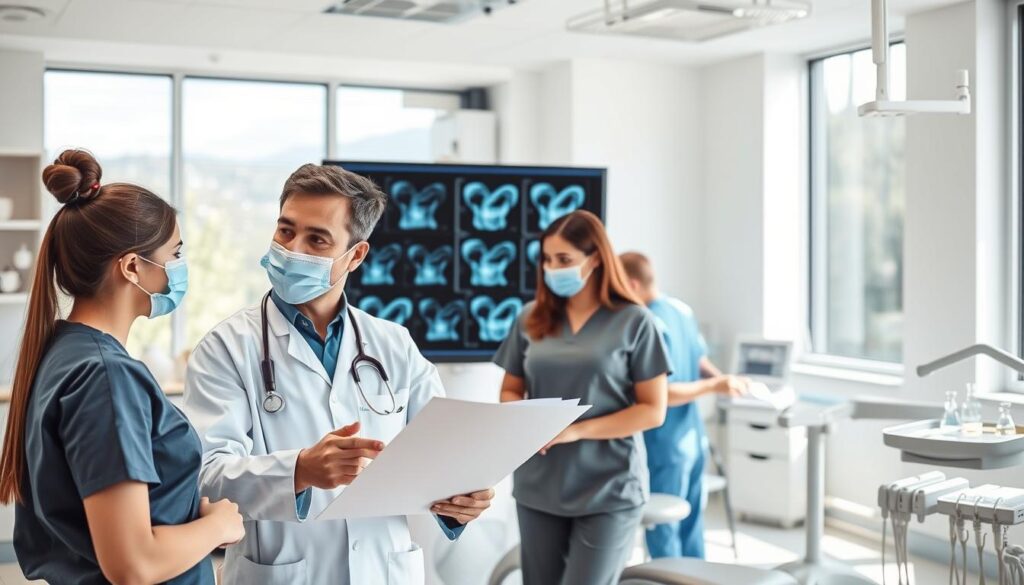 A team of healthcare professionals collaborating in a modern, well-lit dental clinic. In the foreground, a dentist and dental assistant discuss patient records while reviewing x-rays on a large display. In the middle ground, a hygienist performs a routine cleaning, demonstrating effective communication and teamwork. The background features neatly organized medical equipment, soothing colors, and natural lighting through large windows, creating a calming, professional atmosphere. The scene conveys a sense of efficiency, cohesion, and patient-centered care, embodying the principles of effective team management in a 21st-century dental practice.