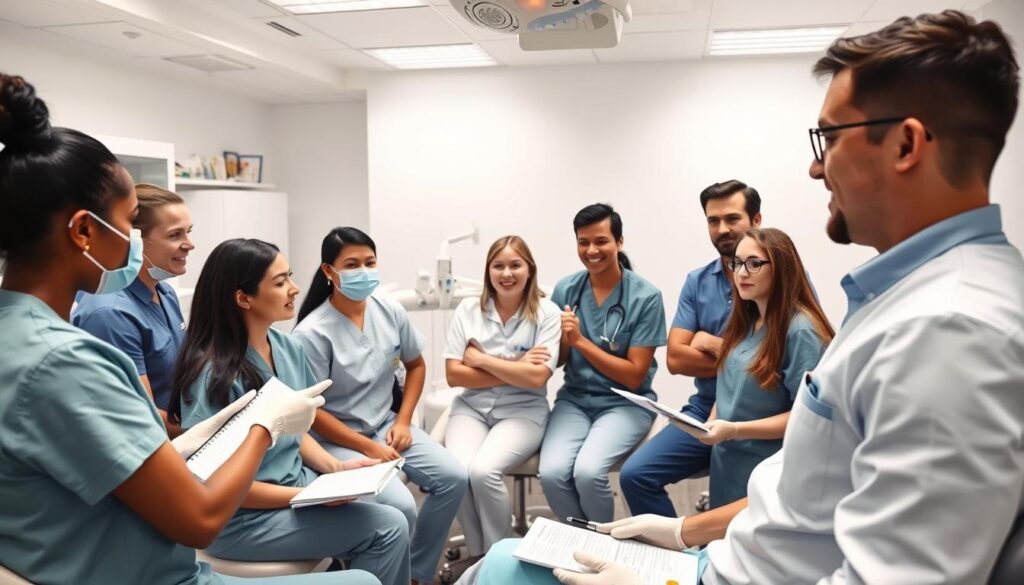 A team of motivated dental professionals, dressed in clean uniforms, engaged in a dynamic training session. The brightly lit room features modern medical equipment and supplies, creating a professional and organized atmosphere. In the foreground, a skilled instructor stands at the head of the group, gesturing animatedly as they explain a new procedure or technique. The trainees, seated attentively, take notes and ask thoughtful questions, showcasing their eagerness to learn and improve their skills. The middle ground captures the collaborative nature of the session, with the team members actively participating and sharing their experiences. The background subtly hints at the clinical setting, with clean white walls and minimal decor, allowing the focus to remain on the educational process. The overall scene conveys a sense of dedication, teamwork, and a commitment to continuous professional development.