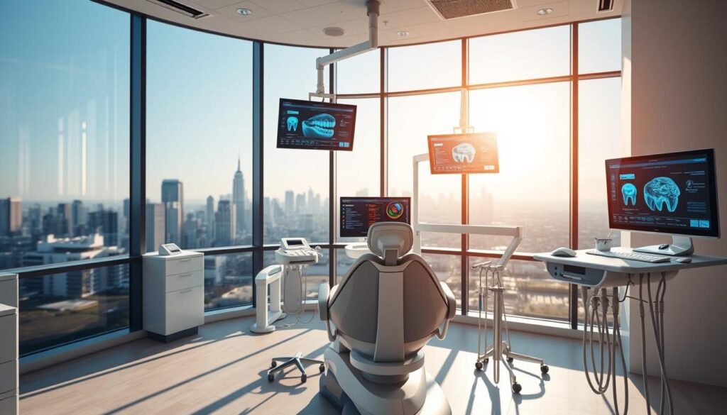 A technologically advanced dental office, bathed in warm, natural lighting that filters through large windows. In the foreground, a sleek, state-of-the-art dental chair equipped with the latest diagnostic and treatment instruments. The middle ground showcases various digital displays, interactive screens, and cutting-edge software interfaces used for patient records, treatment planning, and dental imaging. In the background, a panoramic view of the city skyline, symbolizing the intersection of modern dental care and the evolving urban landscape. The overall atmosphere conveys a sense of professionalism, innovation, and a patient-centric approach to dental management.