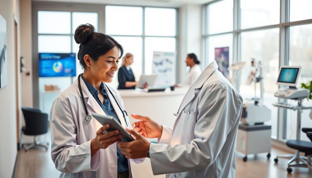 A telemedicine consultation taking place in a modern, clean medical office. In the foreground, a doctor in a white coat is speaking with a patient on a tablet device, their faces illuminated by the warm glow of the screen. In the middle ground, a receptionist checks in another patient at the front desk, while medical equipment and informational displays are visible in the background. Soft, natural lighting filters in through large windows, creating a calming, professional atmosphere. The scene conveys the efficiency and personal touch of digital healthcare services.