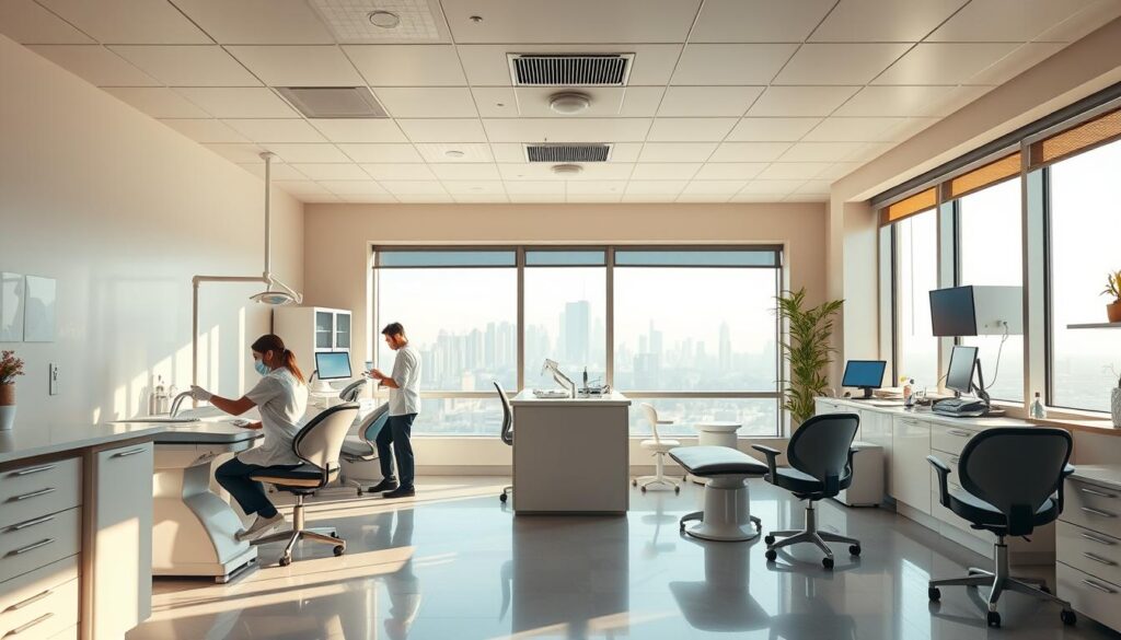 A tranquil, well-organized dental practice interior, bathed in warm, natural lighting. In the foreground, a team of dental professionals engaged in efficient, collaborative workflows, using state-of-the-art equipment. The middle ground showcases a clean, minimalist reception area, with ergonomic furniture and inviting decor. In the background, a panoramic view of the city skyline through large windows, conveying a sense of openness and connection to the community. The overall atmosphere radiates professionalism, attention to detail, and a culture of continuous improvement, inspiring confidence and comfort in patients.