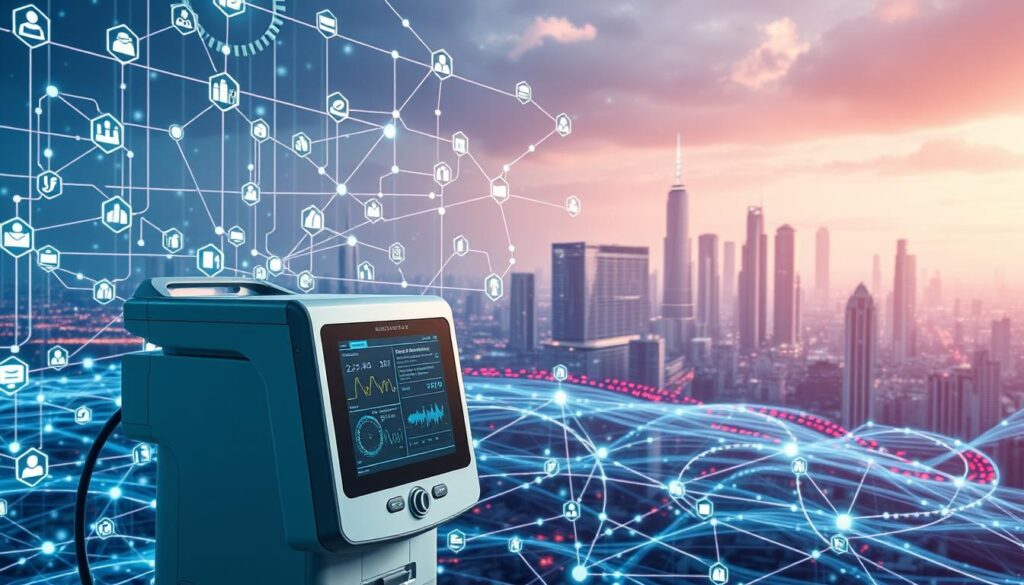 A vast, interconnected network of digital systems, seamlessly communicating and exchanging data. In the foreground, a sleek, modern medical device, its touchscreen interface displaying real-time patient information. Surrounding it, a matrix of interconnected icons, representing various healthcare applications - electronic health records, billing software, appointment scheduling, and more. The middle ground is a fluid, dynamic landscape of data streams, visualized as pulsing lines and nodes. In the background, a cityscape of towering futuristic buildings, symbolizing the expanding digital infrastructure that enables this integration. The overall atmosphere is one of efficiency, innovation, and a healthcare system that operates with unparalleled connectivity and information sharing.