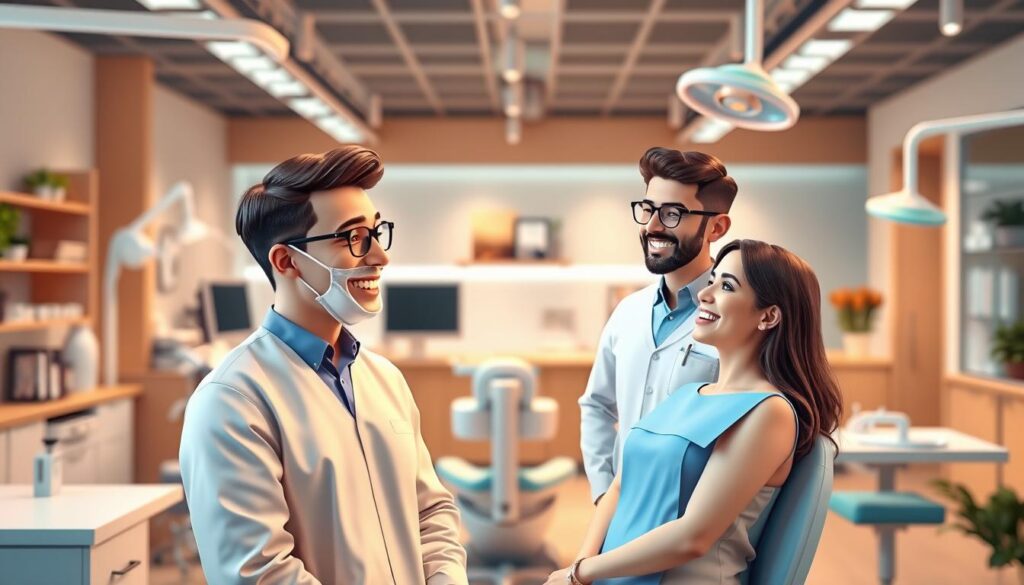 A vibrant, 3D illustration of a dental office environment, depicting the concept of "Gestão e Marketing Odontologia é Bom" (Dental Practice Management and Marketing is Good). In the foreground, a dentist and patient engage in a friendly consultation, their expressions radiating positivity. The middle ground showcases various dental equipment and tools, neatly organized and well-maintained. In the background, a sleek, modern office design with a warm, inviting color palette and carefully curated decor elements. Soft, directional lighting casts a professional yet approachable ambiance, and the overall scene conveys a sense of efficiency, care, and the rewarding nature of dental practice management and marketing.