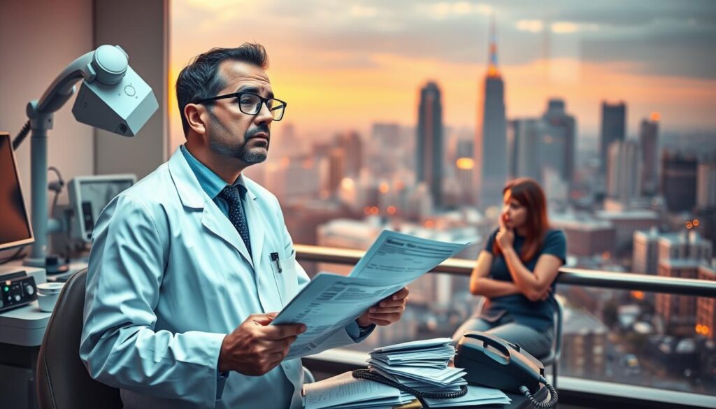 A vibrant and conceptual scene depicting the common challenges faced in dental practice management and marketing. A foreground featuring a dentist overwhelmed by complex paperwork, equipment, and a ringing phone, symbolizing the administrative burdens. In the middle ground, a patient waiting anxiously, highlighting the importance of effective patient experience management. The background showcases a bustling city skyline, alluding to the competitive landscape dentists must navigate. Soft, warm lighting creates an inviting atmosphere, while a slightly cinematic camera angle suggests the drama of overcoming these managerial obstacles. The overall mood conveys the need for strategic solutions to streamline operations and elevate the dental practice.