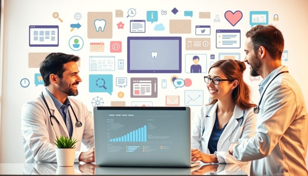 A vibrant and dynamic marketing strategy for a dental practice, showcasing a variety of modern marketing tactics. In the foreground, a dentist consults with a patient, discussing the practice's online presence and social media campaigns. In the middle ground, a laptop displays analytics and website optimization, while the background features a collage of digital marketing elements such as targeted ads, email newsletters, and virtual patient consultations. The scene is lit with a warm, professional glow, conveying the dentist's commitment to staying ahead of the curve in the digital age of healthcare marketing.