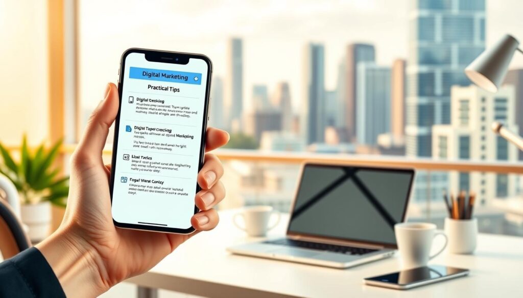 A vibrant and engaging digital marketing illustration featuring practical tips and advice. In the foreground, a hand holding a smartphone displays a modern, minimalist user interface showcasing various digital marketing strategies. The middle ground depicts a sleek, clean desktop workspace with a laptop, coffee cup, and other office supplies, conveying a productive, tech-savvy atmosphere. The background is a soft, blurred cityscape with modern high-rise buildings, suggesting the urban, connected nature of digital marketing. The overall scene is well-lit, using a warm, natural lighting setup to create a professional, aspirational mood. The composition is carefully balanced, with the elements arranged in a visually compelling manner to capture the essence of implementing effective digital marketing practices.