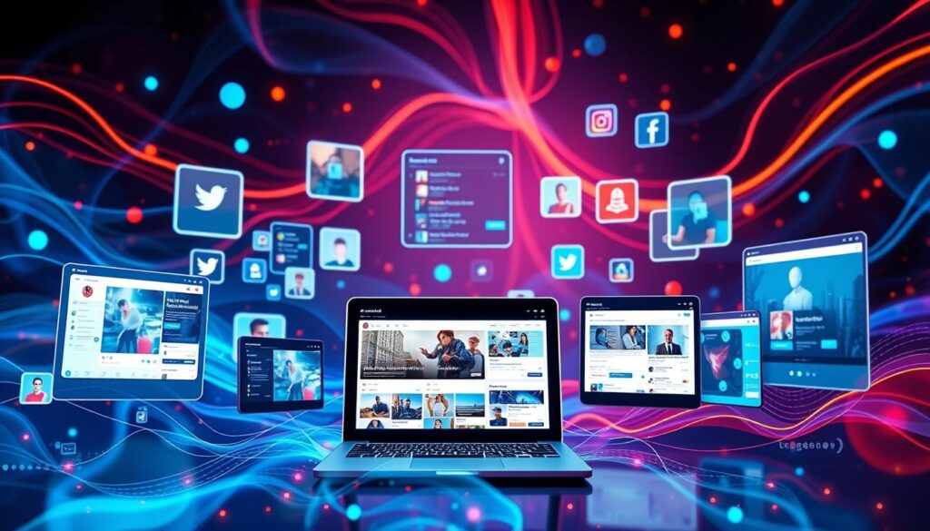 A vibrant and engaging social media landscape, with various platforms represented as distinct digital portals. In the foreground, a central platform interface showcases a diverse array of content and interactive elements. The middle ground features additional windows and screens, each displaying unique social media features and user interactions. In the background, a fluid, technology-infused environment sets the stage, with abstract digital patterns and glowing neon accents. The overall composition conveys a sense of interconnectedness, dynamic engagement, and the power of social media to amplify communication and marketing strategies in the modern dental practice.