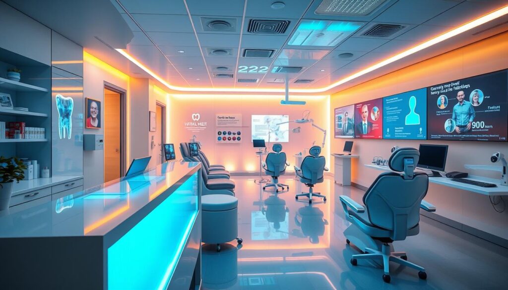 A vibrant and forward-looking dental office in the year 2025, bathed in a warm, futuristic glow. In the foreground, a sleek, touchscreen-equipped reception desk with a friendly holographic receptionist. The middle ground showcases cutting-edge dental equipment and ergonomic patient chairs. In the background, holographic displays showcasing the clinic's advanced procedures and patient testimonials. The atmosphere exudes professionalism, innovation, and a patient-centric approach to modern dental care.