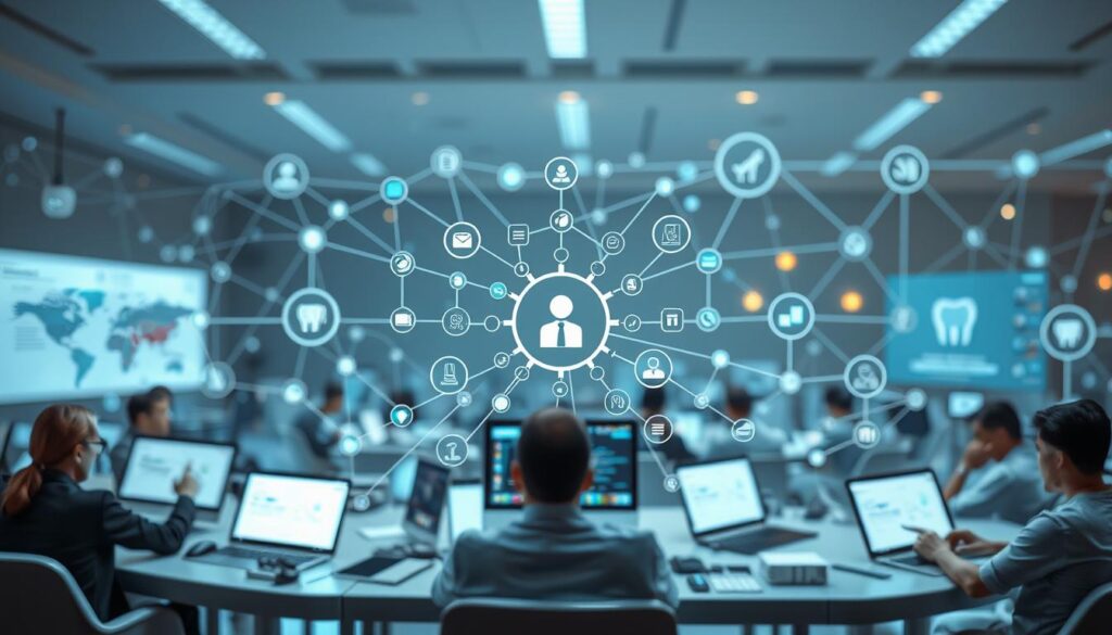 A vibrant and interconnected digital landscape, showcasing the seamless integration of various tools and software. In the foreground, users navigate intuitive interfaces, seamlessly transferring data and coordinating tasks across multiple platforms. The middle ground features a dynamic array of icons, buttons, and interactive elements, symbolizing the rich functionality and compatibility of the integrated solutions. In the background, a sleek and minimalist design aesthetic creates a sense of cohesion, with clean lines and a subtle color palette that evokes a modern, professional atmosphere. Soft, directional lighting accentuates the depth and dimensionality of the scene, while a shallow depth of field draws the viewer's focus to the core elements of the integration process. The overall composition conveys a sense of efficiency, collaboration, and technological advancement, aligning with the article's focus on the best software for dental practice management.