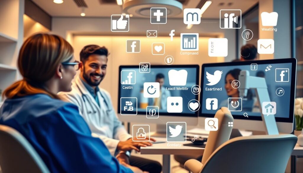A vibrant and modern dental office setting, with the prominent display of various social media platforms on computer screens and digital devices. The foreground features a dentist and patient engaged in a consultation, their expressions conveying the value of online engagement and communication. The middle ground showcases stylized social media icons, logos, and interactive elements, emphasizing the integration of digital marketing strategies. The background sets the scene with a sleek, minimalist office design, complemented by warm lighting and a professional, yet welcoming atmosphere. The overall composition highlights the importance of social media in contemporary dental marketing, creating a visually appealing and impactful representation of the topic.