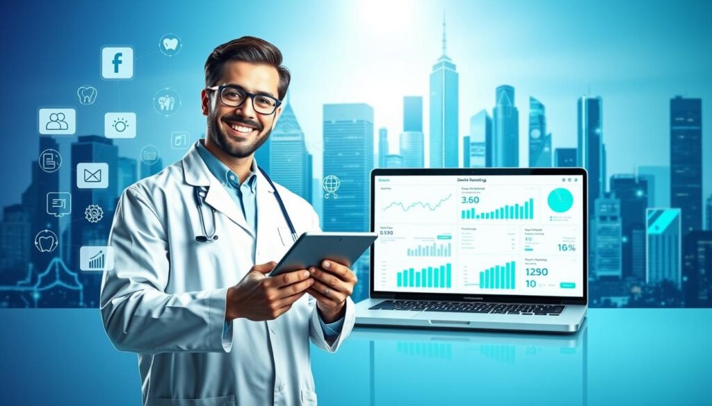 A vibrant and modern digital marketing scene for dentists, showcasing a range of digital tools and platforms. In the foreground, a smiling dentist using a tablet to showcase their online presence, surrounded by icons and graphics representing social media, websites, SEO, and online advertising. In the middle ground, a laptop displaying dental practice analytics and patient engagement metrics, emphasizing the data-driven nature of digital marketing. In the background, a stylized cityscape with skyscrapers and digital screens, conveying the sense of a connected, tech-savvy urban environment. The lighting is bright and optimistic, with a color palette of blues, greens, and whites to create a clean, professional aesthetic. The overall mood is one of excitement and innovation, highlighting the potential of digital marketing to transform the dental industry.