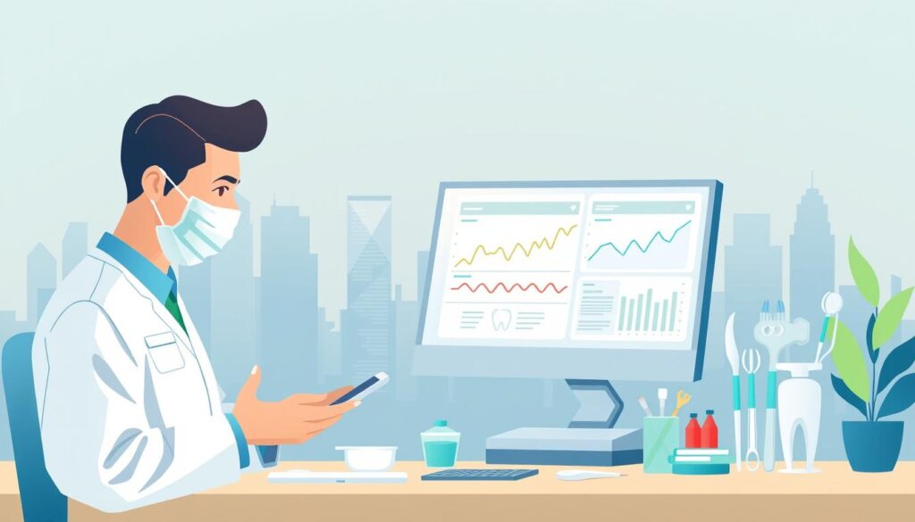 A vibrant and modern illustration showcasing the integration of management and marketing in the field of dentistry. In the foreground, a dentist examines a patient's teeth, while a computer screen displays data and analytics. In the middle ground, various dental tools and equipment are neatly organized, symbolizing efficient practice management. The background features a stylized cityscape, representing the broader business landscape in which the dental practice operates. The color palette is a harmonious blend of blues, greens, and whites, conveying a sense of professionalism and innovation. Soft, indirect lighting casts a warm glow over the scene, creating a welcoming atmosphere. The overall composition emphasizes the importance of combining effective management and strategic marketing to achieve success in the dental industry.