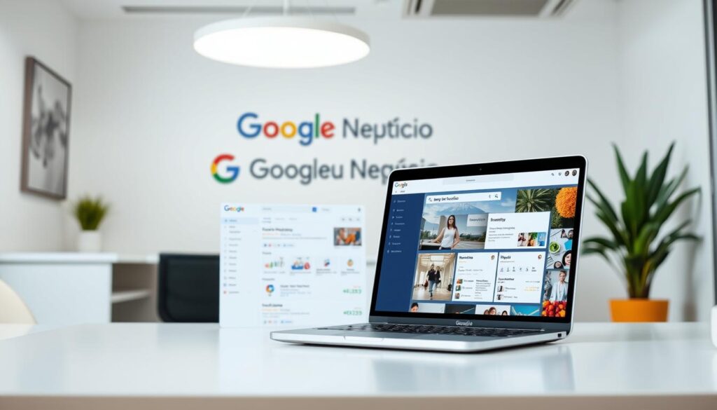 A vibrant and modern visual representation of the "Google Meu Negócio" platform. In the foreground, a sleek and intuitive user interface is displayed on a laptop screen, showcasing the key features and functionalities of the platform. The background features a clean and minimalist office setting, with subtle branding elements that evoke the Google aesthetic. The lighting is soft and diffused, creating a professional and inviting atmosphere. The overall composition conveys the ease of use and powerful marketing capabilities of the "Google Meu Negócio" tool, making it an ideal choice for dental practices seeking to enhance their digital presence and reach.