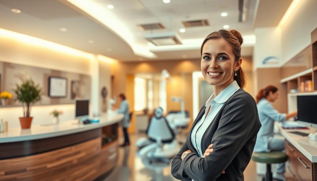 A vibrant and professional dental office, bathed in warm lighting. The reception area features a sleek, modern design with a touch of sophistication. In the foreground, a receptionist greets patients with a welcoming smile, while in the background, a team of dental professionals collaborate at their workstations, demonstrating the efficient and well-organized management of the practice. The atmosphere conveys a sense of professionalism, attention to detail, and a commitment to providing exceptional patient care. The overall scene captures the essence of a successful, well-run dental practice that effectively manages its operations.