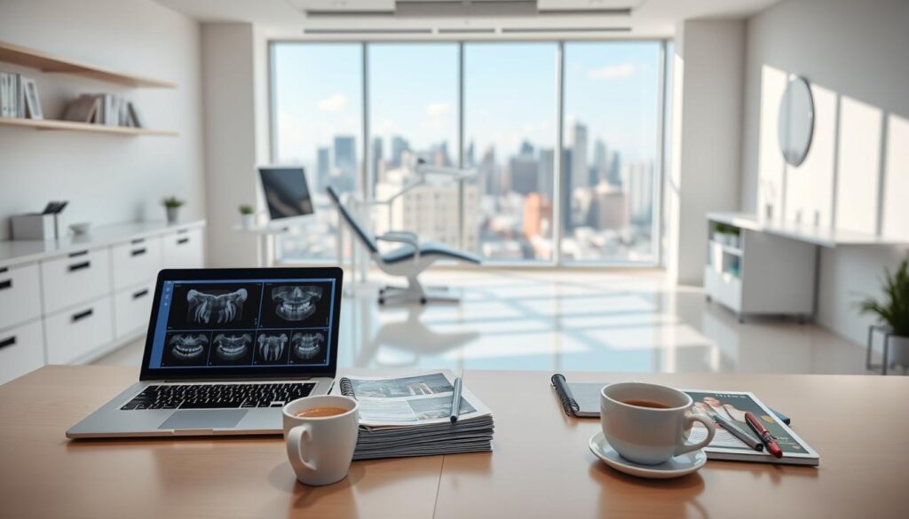 A vibrant and professional image of content marketing for dentists. In the foreground, a dentist's desk with various marketing tools - laptop, tablet, notebook, and a cup of coffee. On the desk, a stack of dental x-rays and brochures. In the middle ground, a modern dental clinic interior with clean white walls, minimalist decor, and large windows allowing natural light to stream in. In the background, a panoramic view of a city skyline, representing the wider business and marketing context. The overall tone is one of efficiency, expertise, and a focus on digital and content-driven marketing strategies for dental practices.
