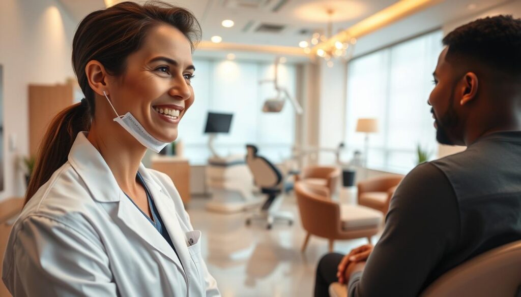 A vibrant and professional-looking medical office, with a warm and inviting atmosphere. In the foreground, a smiling dentist speaks with a patient, conveying a sense of care and trust. The middle ground features advanced dental equipment and modern furnishings, showcasing the clinic's state-of-the-art technology. The background depicts a serene, calming environment with soft lighting, soothing colors, and elegant accents, creating a tranquil and relaxing ambiance. The overall scene highlights the benefits of efficient dental practice management, including improved patient experience, enhanced clinical outcomes, and a well-organized, professional setting.