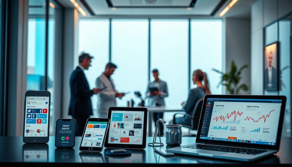 A vibrant and visually compelling scene depicting the "right marketing channels" for a dental practice. In the foreground, a variety of digital devices (smartphone, tablet, laptop) showcase various marketing platforms and tools - social media, email, website, online advertising. The middle ground features a team of dental professionals collaborating, discussing strategies and analyzing marketing metrics on their screens. In the background, a sleek, minimalist office space with large windows letting in natural light, creating a professional and modern atmosphere. The lighting is carefully balanced, with soft shadows and highlights accentuating the scene. The overall composition and color palette convey a sense of dynamism, efficiency, and strategic focus in the dental practice's marketing efforts.