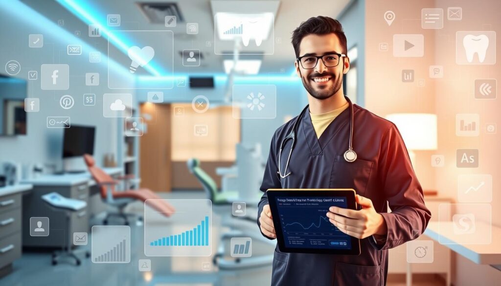 A vibrant and visually engaging digital marketing campaign for a dental clinic, featuring a dynamic composition. In the foreground, a professional-looking dental specialist stands confidently, holding a tablet displaying ad metrics and campaign analytics. The middle ground showcases a modern, well-equipped dental office, with sleek equipment and a calming, inviting atmosphere. In the background, a collage of digital marketing elements, such as social media platforms, search engine icons, and targeted ads, creates a sense of the digital landscape. The overall scene conveys a balance of medical expertise, technological prowess, and a patient-centric approach to dental care.