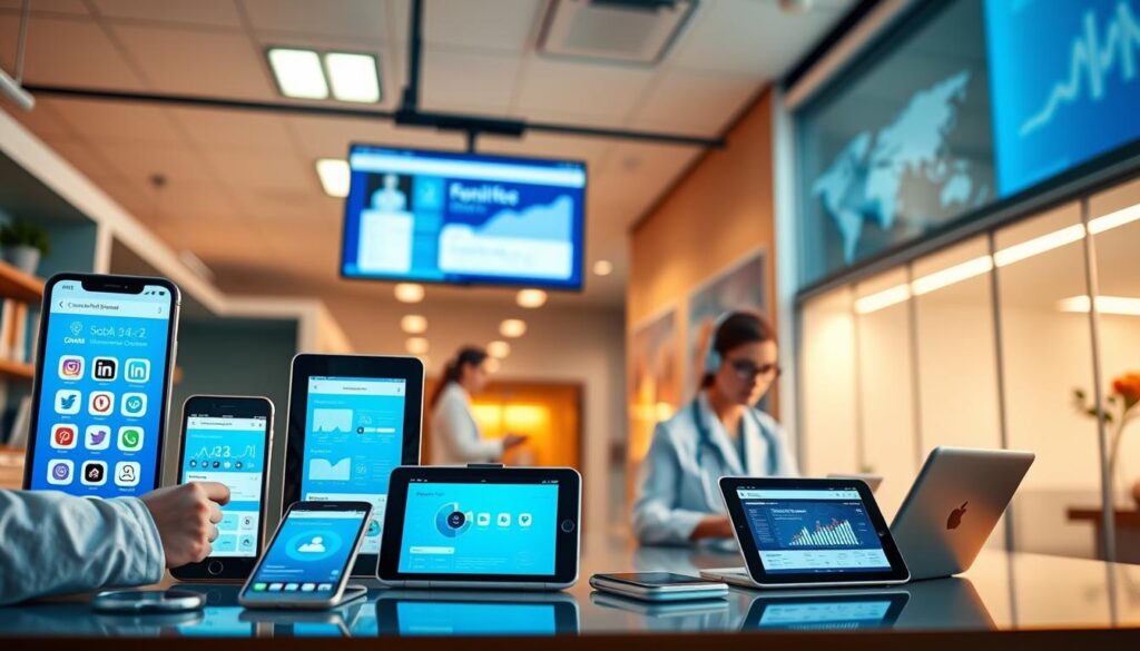 A vibrant and visually engaging image showcasing the concept of "social media for clinics". Depict a dynamic, modern healthcare facility with various social media platforms and digital marketing tools prominently displayed. The foreground should feature a cohesive array of digital devices such as smartphones, tablets, and laptops, all showcasing different social media apps and analytics dashboards. The middle ground should include healthcare professionals actively using these digital tools to engage with patients and promote the clinic's services. The background should establish a professional, well-equipped medical setting with clean lines, warm lighting, and a sense of technological integration. Convey a mood of efficiency, connectivity, and a patient-centric approach to digital marketing for the healthcare industry.