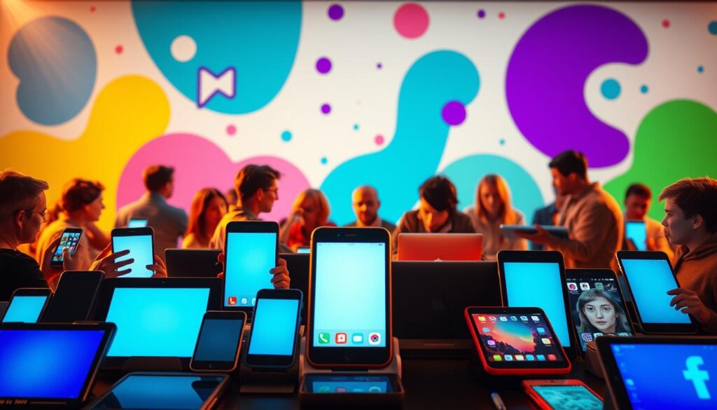 A vibrant and visually engaging social media scene, captured in a dynamic composition. In the foreground, a diverse array of digital devices - smartphones, tablets, and laptops - are arranged in an artful display, each screen showcasing a different social media platform. The middle ground features a group of people of various ages and backgrounds, immersed in lively conversations and interactions, their faces illuminated by the glow of their screens. In the background, a backdrop of bold, abstract shapes and patterns in shades of blue, green, and purple creates a sense of depth and movement, further emphasizing the digital and technological nature of the scene. Warm lighting bathes the entire composition, evoking a sense of energy, connection, and the power of social media to bring people together. Prompt