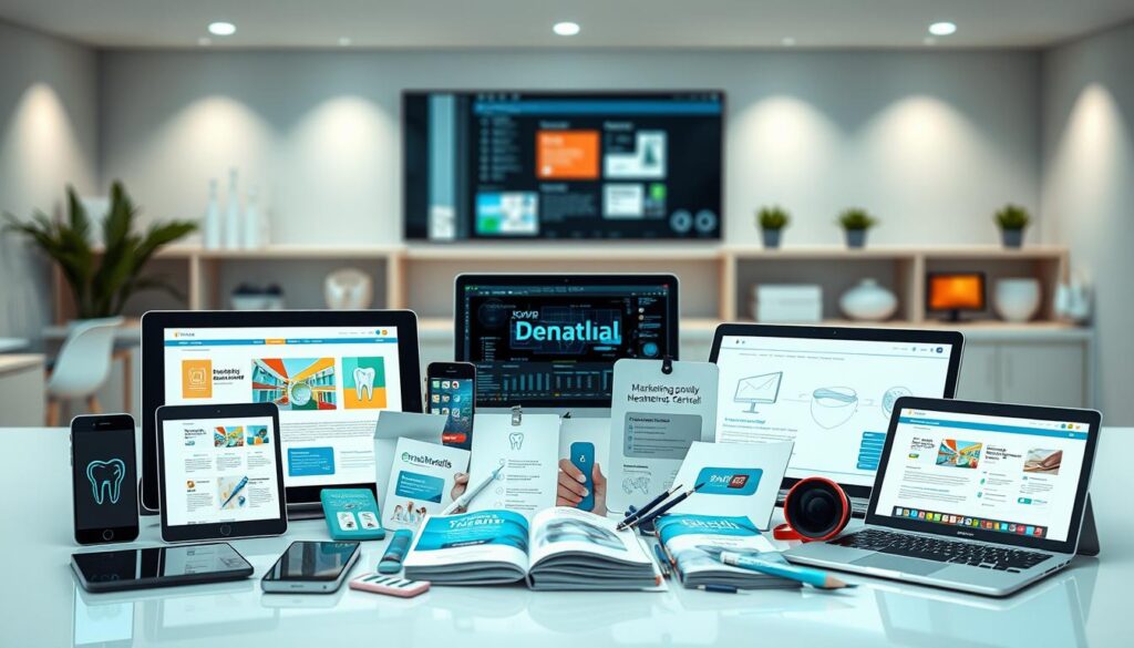 A vibrant and visually striking collection of marketing tools and technologies for the dental industry, captured in a sleek and modern photographic style. In the foreground, an array of digital devices such as tablets, smartphones, and laptops showcasing various marketing software and platforms. In the middle ground, physical marketing materials like brochures, flyers, and promotional items are neatly arranged, highlighting the integration of digital and traditional marketing strategies. The background features a clean, minimalist workspace, with a neutral color palette and subtle lighting to emphasize the professionalism and sophistication of the dental marketing tools. The overall composition conveys a sense of efficiency, innovation, and the seamless blending of traditional and modern marketing approaches for the dental healthcare sector.
