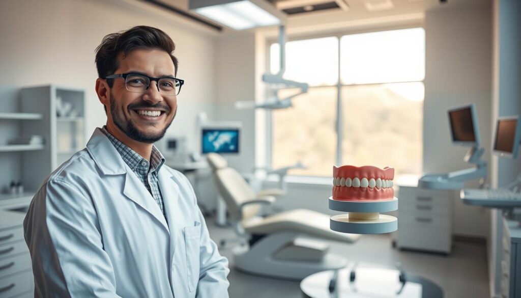 A vibrant, cinematic video marketing scene for dentists. In the foreground, a friendly dentist in a crisp white coat smiles warmly while demonstrating a dental procedure on a 3D model. The middle ground features modern dental equipment and tools arranged neatly. In the background, a clean, minimalist dental office with large windows floods the scene with soft, natural lighting. The overall atmosphere conveys professionalism, expertise, and a welcoming patient experience. Captured with a wide-angle lens to showcase the full scope of the dental practice.