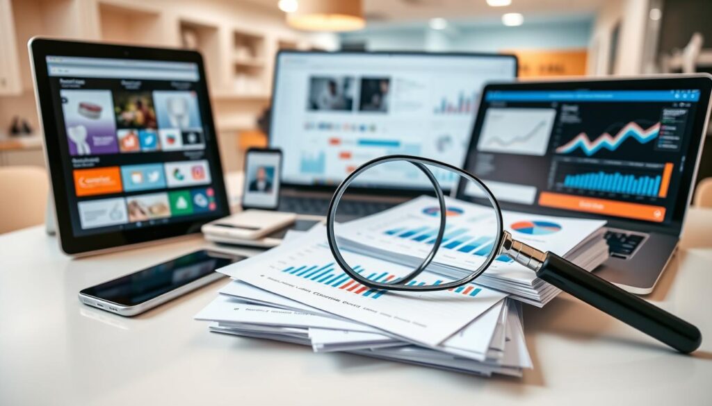 A vibrant collection of digital marketing tools for dentists, neatly arranged on a clean, white desktop. In the foreground, a sleek smartphone, tablet, and laptop showcase various dental practice management apps, social media platforms, and online advertising dashboards. In the middle ground, a magnifying glass hovers over a stack of analytical reports, graphs, and metrics, reflecting the data-driven nature of modern dental marketing. The background features a blurred image of a dental clinic, hinting at the integration of these digital tools into the daily operations of a successful practice. Warm, directional lighting accentuates the professional, yet approachable atmosphere. Captured with a wide-angle lens to provide a comprehensive view of the digital marketing ecosystem for dentists.