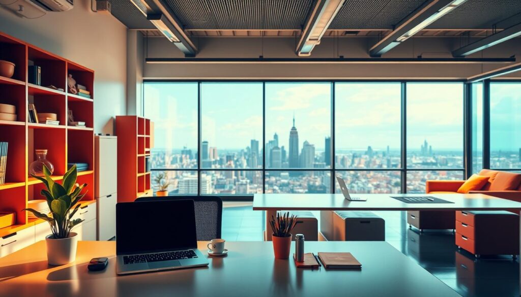 A vibrant, customizable workspace with a modern, sleek design showcasing personalization and flexibility. In the foreground, a minimalist desk with a laptop, stylish office supplies, and a potted plant, illuminated by a warm, natural lighting. The middle ground features modular furniture elements, such as shelves and storage units, arranged in a visually harmonious layout. In the background, a large window offers a panoramic view of a city skyline, creating a sense of openness and adaptability. The overall atmosphere is one of productivity, organization, and the ability to tailor the environment to individual needs and preferences.