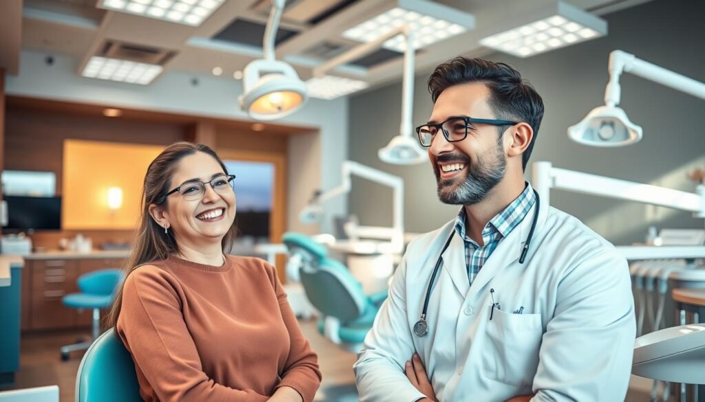 A vibrant dental office, bathed in warm, natural light, with a welcoming reception area and modern, ergonomic equipment. In the foreground, a smiling dentist and a cheerful patient engage in a consultation, showcasing the personalized, patient-centric approach. In the background, an array of dental tools and technologies, conveying the clinic's expertise and dedication to providing high-quality care. The overall atmosphere radiates professionalism, trust, and a commitment to delivering exceptional dental services that enhance patients' well-being and satisfaction.