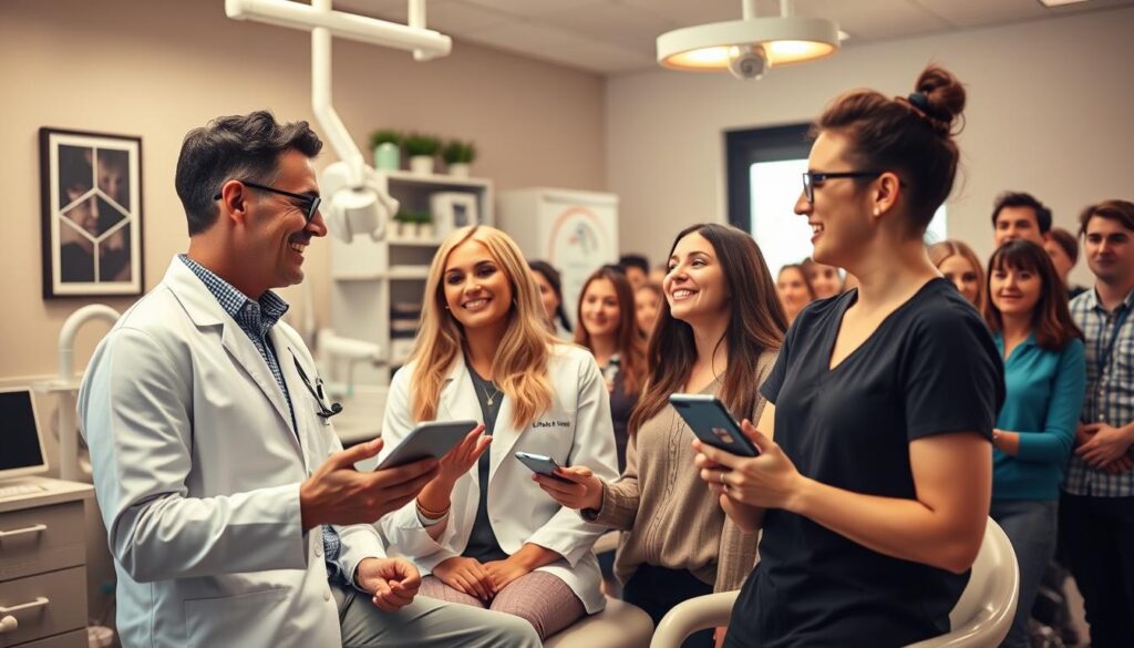 A vibrant dental office scene showcasing the power of influencer marketing. In the foreground, a social media-savvy dentist consults with a stylish influencer, their conversation animated and engaging. Behind them, dental equipment and decor create a modern, professional ambiance. The middle ground features tablets and smartphones, symbolizing the digital platforms where influencers share their dental experiences. In the background, a crowd of patients eagerly await their turn, their faces alight with anticipation, reflecting the trust and loyalty built through influential endorsements. Warm, natural lighting bathes the scene, conveying a sense of approachability and authenticity. The overall composition captures the synergy between dentistry and the influential digital sphere, highlighting the potential for impactful, authentic marketing.