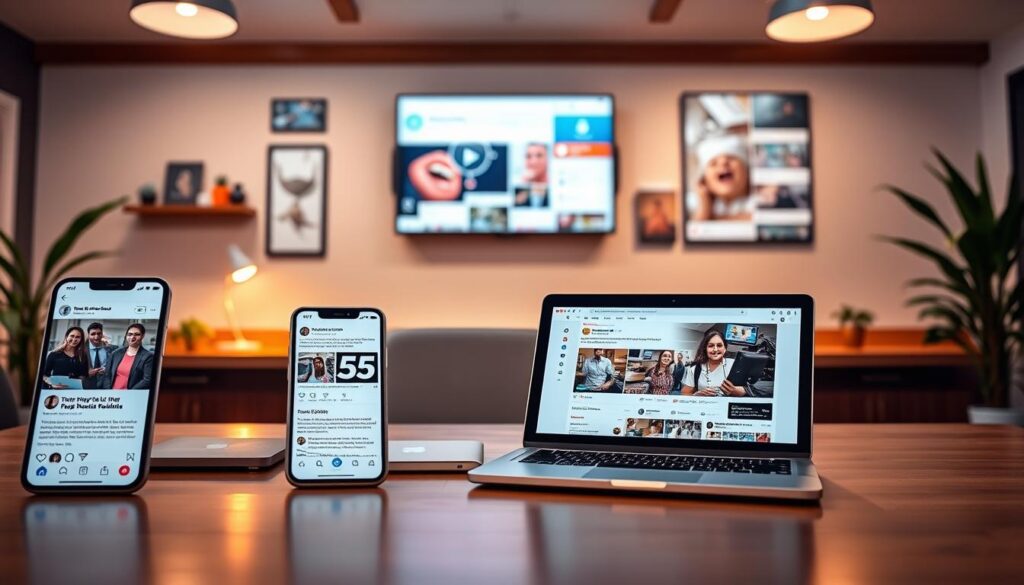 A vibrant digital landscape, where social media platforms intertwine with modern dental office branding. In the foreground, sleek mobile devices display a curated feed of dental health tips and patient testimonials, captured with a shallow depth of field. In the middle ground, a minimalist desk setup features a laptop displaying analytics and social media scheduling tools, illuminated by warm, directional lighting. In the background, a wall-mounted display showcases the dental office's social media presence, with engaging visuals and interactive elements that invite patient engagement. The overall atmosphere exudes a balance of professionalism, innovation, and a strong digital-first approach to dental marketing.