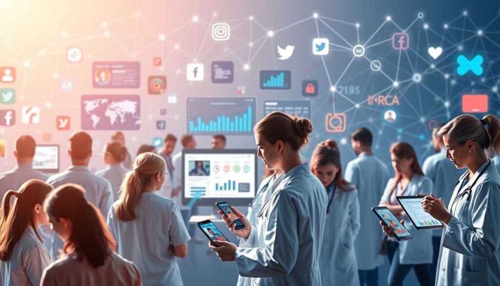 A vibrant digital landscape where social media platforms seamlessly integrate with the healthcare industry. In the foreground, a diverse group of healthcare professionals and patients interacting through various social media interfaces, exchanging information, seeking support, and fostering a sense of community. In the middle ground, data visualizations and analytics dashboards showcase the insights derived from these digital interactions, guiding healthcare providers in their decision-making. The background features a stylized backdrop of interconnected networks, symbolizing the seamless integration of social media and healthcare technology. Soft, warm lighting illuminates the scene, creating a sense of approachability and trust. The overall atmosphere conveys the power of social media to transform and enhance the healthcare experience for all stakeholders.