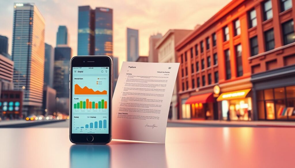 A vibrant, digital landscape with a modern, minimalist aesthetic. In the foreground, a sleek smartphone displaying a digital marketing dashboard, contrasted by a traditional paper document in the middle ground. The background features a cityscape with skyscrapers, representing the digital realm, alongside classic brick-and-mortar storefronts, symbolizing traditional marketing. Warm, directional lighting illuminates the scene, creating a sense of balance and harmony between the two marketing approaches. The overall mood is one of progress, innovation, and the fusion of old and new.