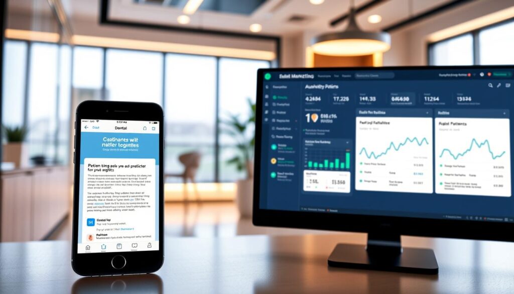 A vibrant digital marketing campaign for a dental practice, with automated workflows and personalized content. In the foreground, a smartphone displays a customized email template, tailored to the patient's preferences and behavior. The middle ground showcases a dashboard with real-time analytics, outlining key performance metrics and campaign optimization suggestions. In the background, a sleek, modern office setting with minimalist decor and warm lighting reflects the professionalism and attention to detail of the dental practice. The overall atmosphere conveys a sense of efficiency, innovation, and a deep understanding of the patient's needs.