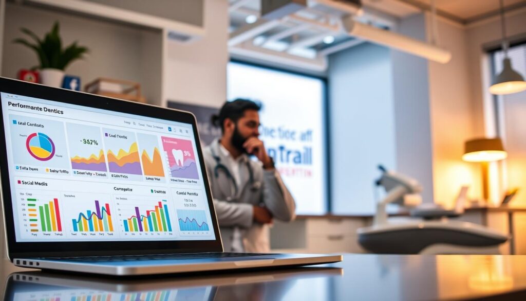 A vibrant digital marketing dashboard showcasing key performance metrics for a thriving dental practice. In the foreground, a sleek laptop displays colorful charts and graphs tracking website traffic, lead conversions, and social media engagement. The middle ground features a professional dentist reviewing the digital analytics, deep in thought. In the background, a warm-lit office setting with modern decor and equipment hints at the practice's investment in cutting-edge technology. The overall atmosphere exudes a sense of data-driven success and a forward-thinking approach to dental marketing in the digital age.