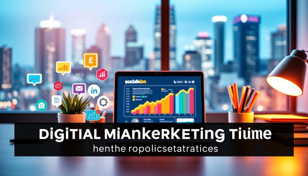 A vibrant digital marketing scene, showcasing practical tips for healthcare professionals. In the foreground, colorful icons and infographic elements illustrate key digital marketing strategies, such as social media, SEO, and email campaigns. The middle ground features a laptop displaying web analytics, surrounded by office supplies and a potted plant, creating a modern, productive atmosphere. In the background, a blurred cityscape with skyscrapers and neon lights hints at the digital landscape. Warm, focused lighting illuminates the scene, conveying a sense of clarity and expertise. The overall composition is clean, minimalist, and visually engaging, reflecting the practical, step-by-step nature of the digital marketing guide for dental practices.