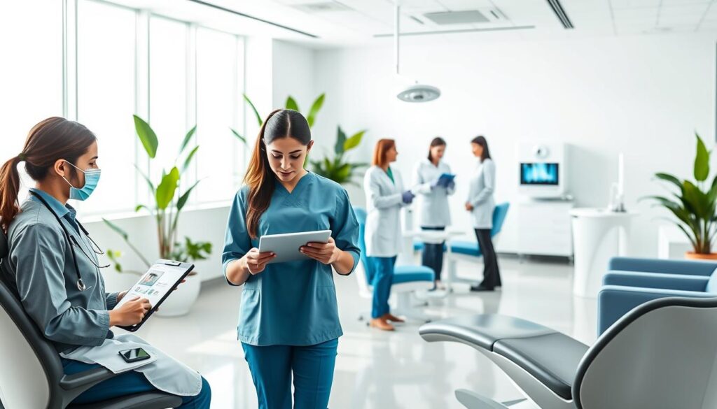 A vibrant digital marketing strategy for dentists, showcasing a sleek, modern dental office. In the foreground, a dentist consults with a patient on a tablet, discussing personalized treatment plans. In the middle ground, dental hygienists demonstrate the latest teeth-whitening technology. The background features a clean, minimalist waiting area with calming blue and white tones, complemented by lush plants and natural lighting from large windows. The overall scene conveys a professional, tech-savvy, and patient-centric approach to dental care.
