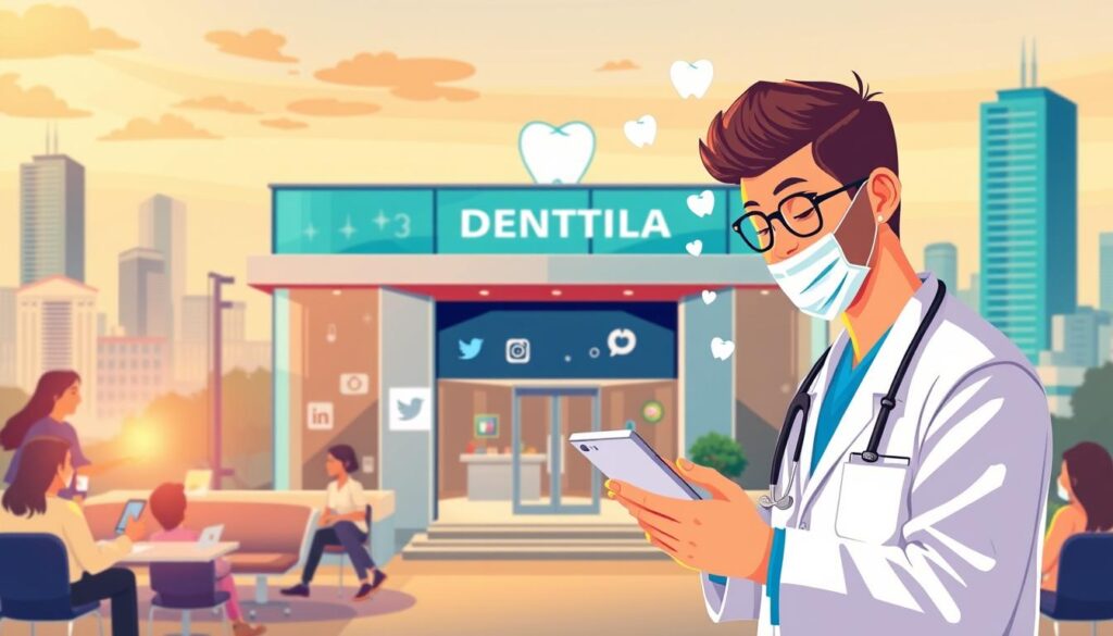 A vibrant, dynamic illustration showcasing the advantages of digital marketing for dental clinics. In the foreground, a dentist enthusiastically interacts with patients on various digital platforms, emphasizing the power of online engagement. The middle ground features a sleek, modern dental clinic, its facade adorned with digital marketing elements like social media icons and QR codes. In the background, a cityscape symbolizes the broad reach and visibility afforded by digital marketing. Warm, inviting lighting casts a professional, trustworthy atmosphere, highlighting the benefits of leveraging digital tools to attract and retain patients.