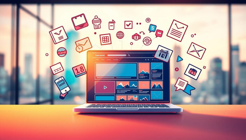 A vibrant, dynamic marketing strategy illustration showcasing various content marketing tactics. A central wireframe laptop or tablet display features a rich media content feed, surrounded by floating icons and infographic elements representing diverse content formats - blog posts, videos, social media posts, ebooks, webinars. The foreground has a modern, minimalist aesthetic with clean lines and a warm color palette. The background features a blurred cityscape, conveying a sense of a thriving, digital-driven business environment. Soft, directional lighting emphasizes the screen and content pieces, creating depth and drawing the viewer's eye. An overall tone of creativity, engagement, and strategic marketing prowess.