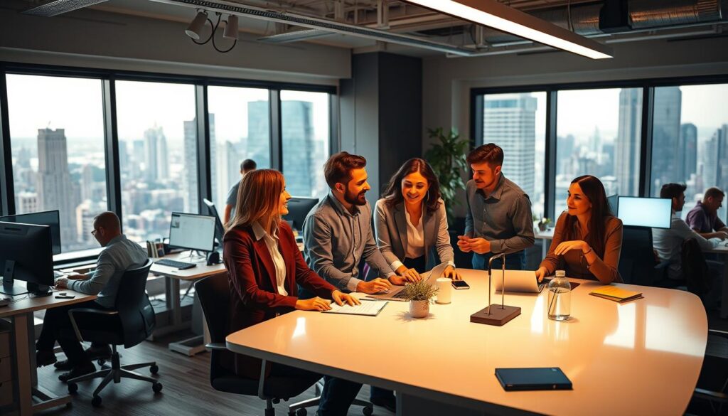 A vibrant, dynamic office space with a team of diverse professionals collaborating intently. In the foreground, a group of colleagues gathered around a sleek, minimalist conference table, engaged in a lively discussion, their expressions animated and focused. Soft, warm lighting illuminates the scene, casting a professional yet inviting atmosphere. The middle ground features various workstations, with employees diligently typing away on their computers, their actions conveying a sense of productivity and teamwork. In the background, large windows offer a panoramic view of a bustling city skyline, symbolic of the broader business landscape in which the team operates. An overall mood of efficiency, camaraderie, and a shared sense of purpose pervades the scene.